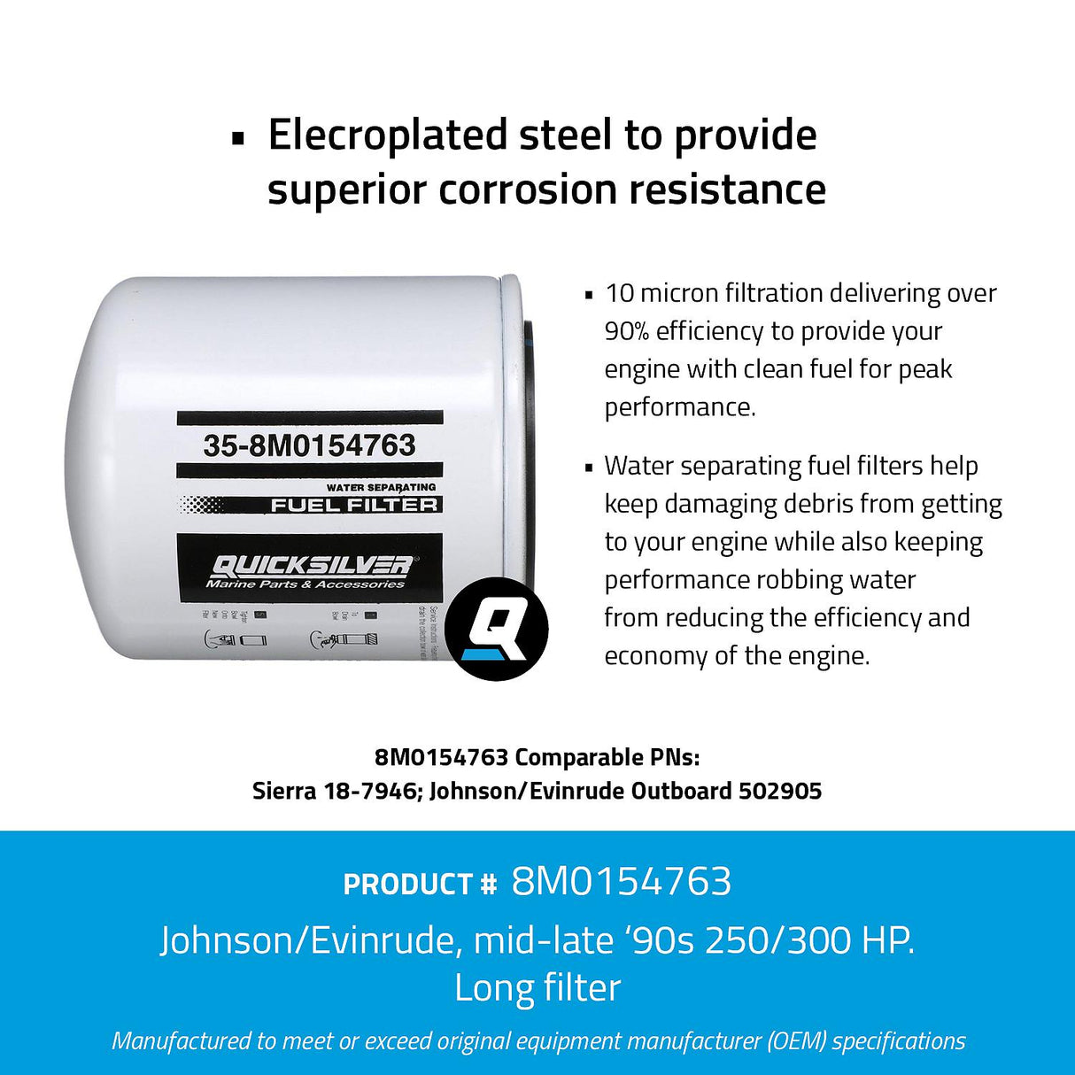 OEM Mercury / Quicksilver 8M0154763 Water Separating Fuel Filter for Select Johnson/Evinrude Mid-Late 1990s 250/300hp Outboards