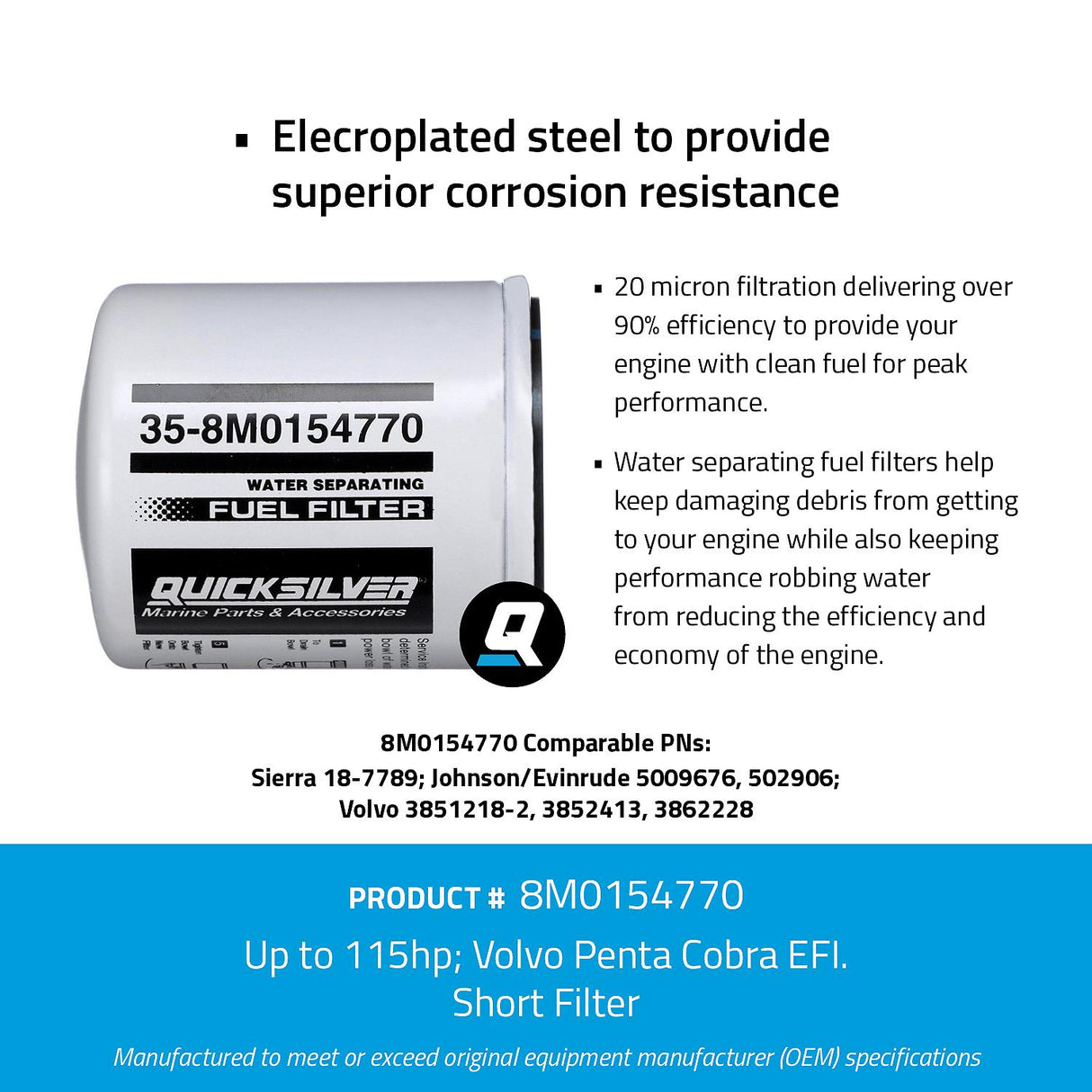 OEM Mercury / Quicksilver 8M0154770 Water Separating Fuel Filter for Select Volvo Penta, Cobra EFI, Johnson/Evinrude 100-300hp Outboards