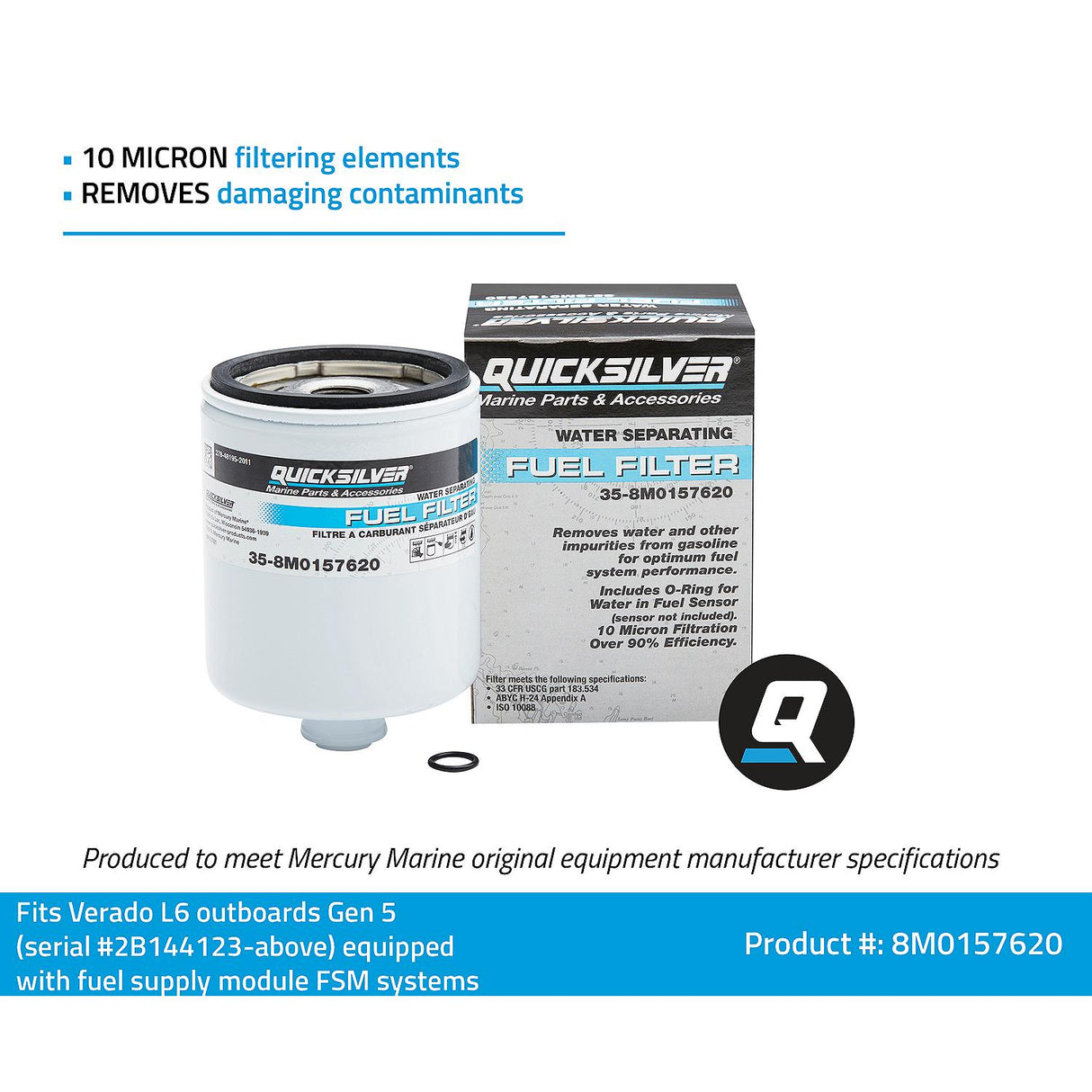 OEM Mercury / Quicksilver 8M0157620 Water Separating Fuel Filter for Select L6 Verado Outboards