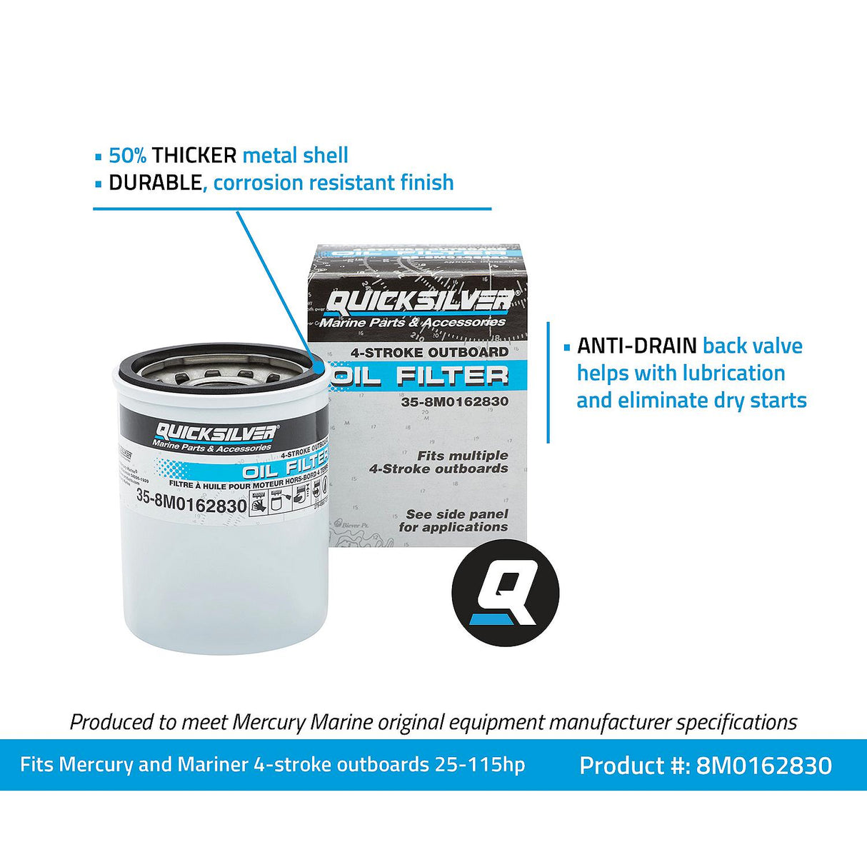 OEM Mercury / Quicksilver 8M0162830 Oil Filter for Mercury and Mariner FourStroke Outboards 25-115hp