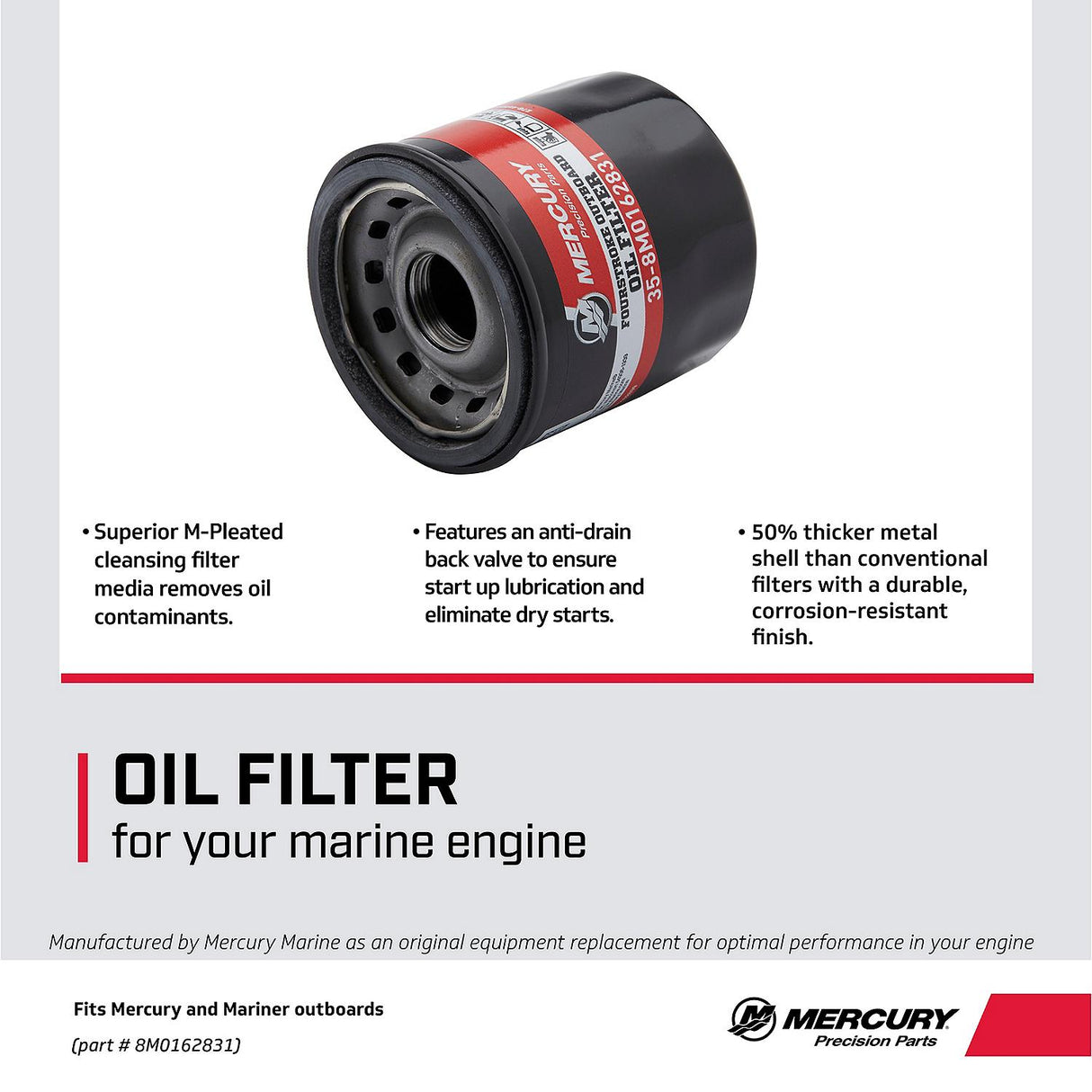 Mercury Oil Filter 8M0162831 for Select Mercury and Mariner 8-30hp FourStroke Outboards