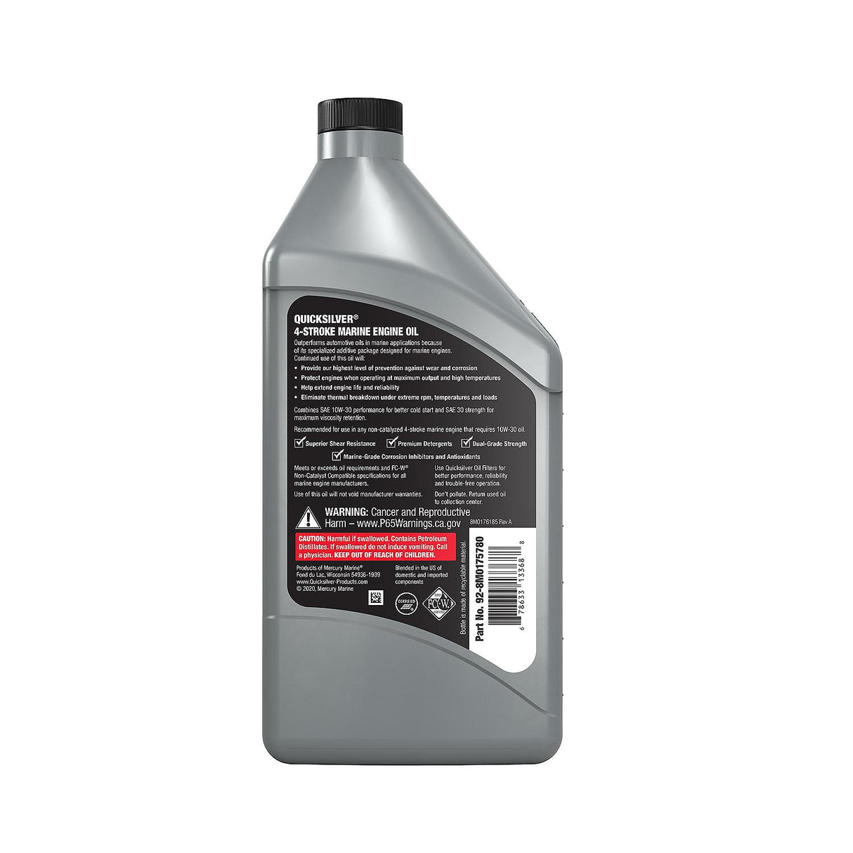 OEM Mercury / Quicksilver 8M0175780 10W-30 Full Synthetic Marine Engine Oil, 1 Qt.  8M0175780