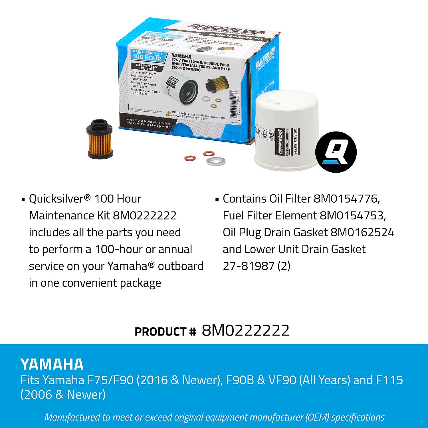 OEM Mercury / Quicksilver 8M0222222 100 Hour Maintenance Kit, Yamaha F75/F90, F90B & VF90 and F115