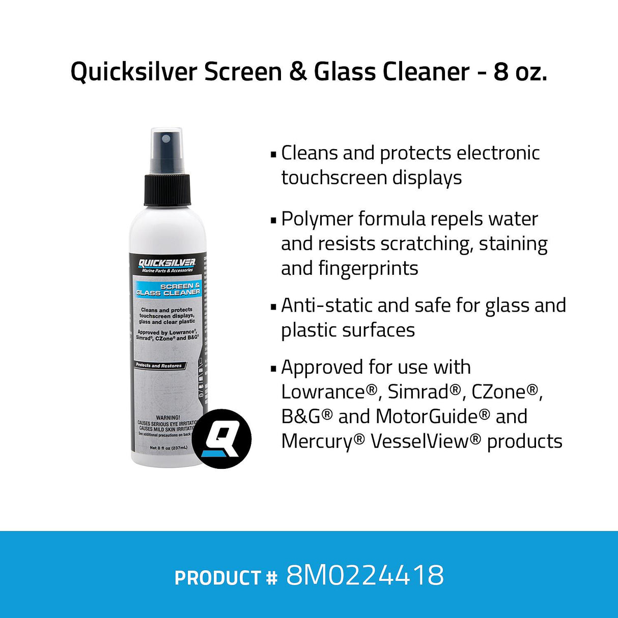 OEM Mercury / Quicksilver 8M0224418 Screen & Glass Cleaner For Marine Electronics, Windshields and Mirrors, 8 oz.