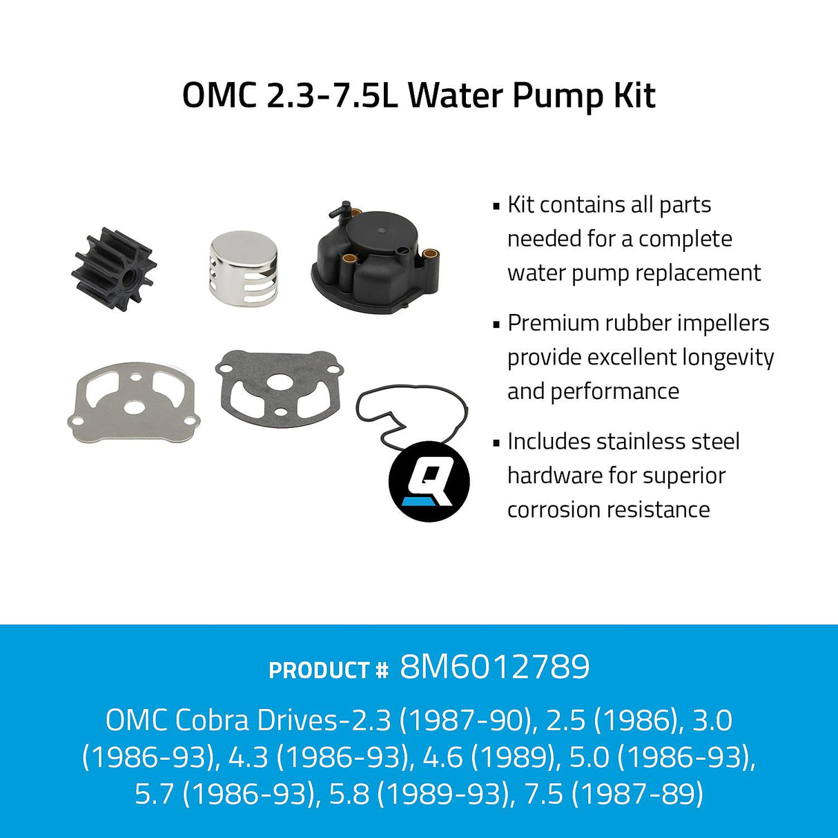 OEM Mercury / Quicksilver 8M6012789 Water Pump Kit - OMC 2.3-7.5L