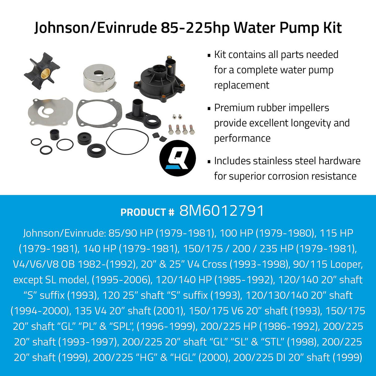 OEM Mercury / Quicksilver 8M6012791 Water Pump Kit - Johnson/Evinrude 85-225hp