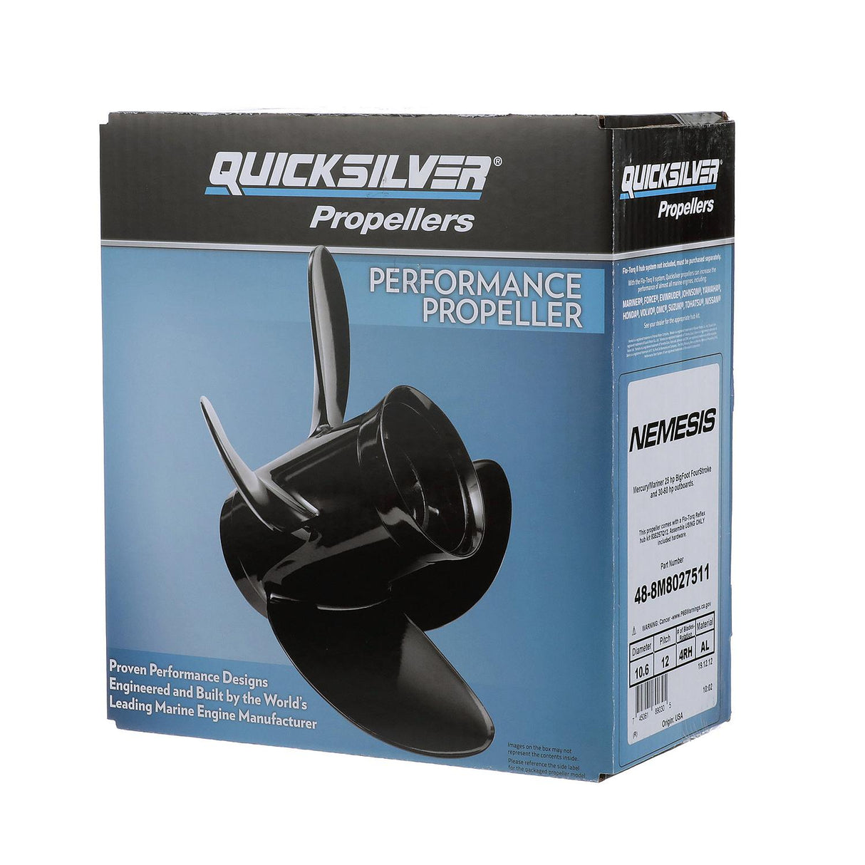 OEM Mercury / Quicksilver 8M8027511 Nemesis 4-Blade Aluminum Propeller, 10.6" Diameter x 12" Pitch, Right Hand Rotation, 40-60hp Mercury, Black Finish