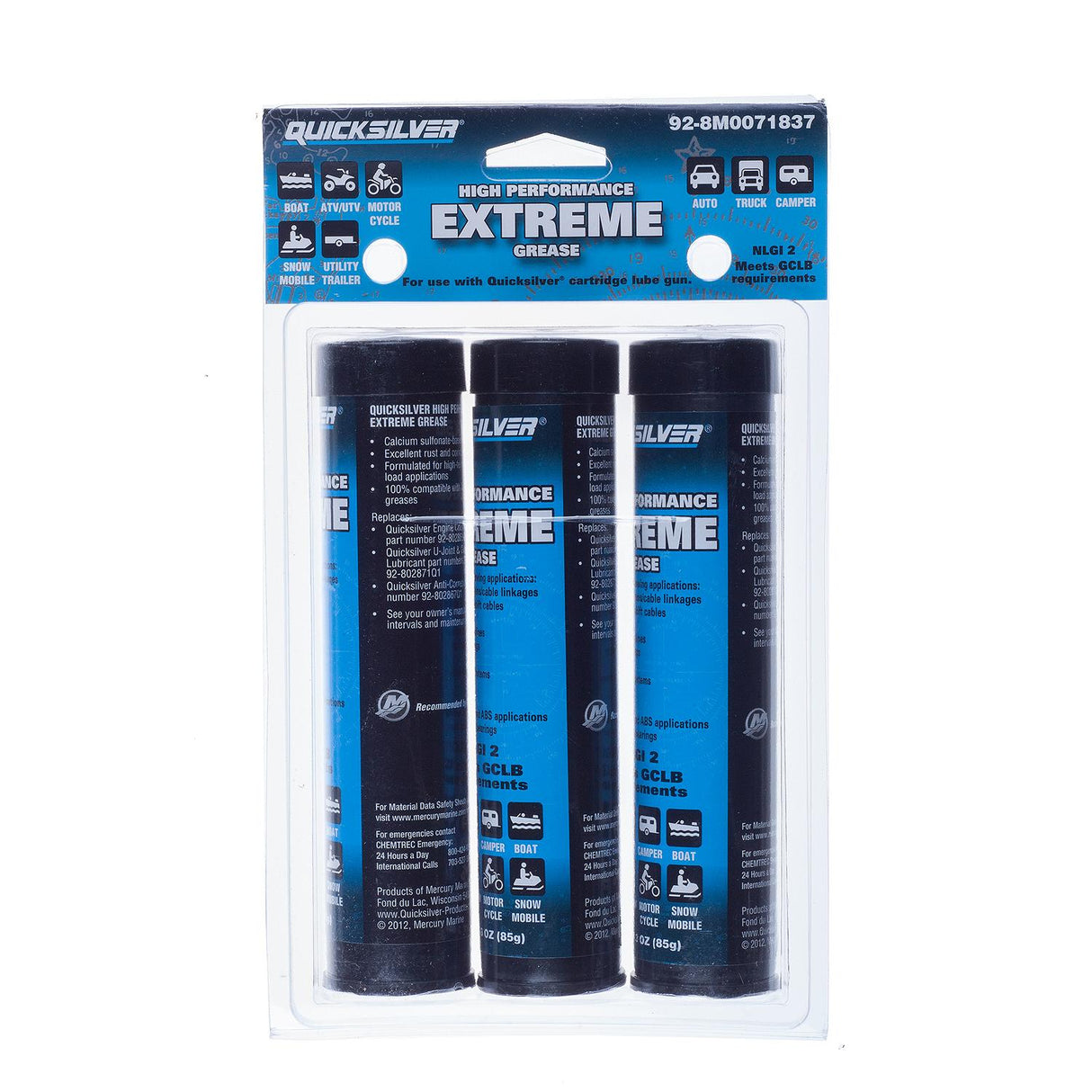 OEM Mercury / Quicksilver 8M0071837 High Performance Extreme Grease/Lubricant w/ PTFE, 3 Oz. Cartridges, Pack of 3