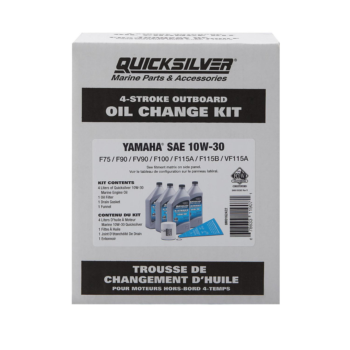 Quicksilver 10W-30 Oil Change Kit for 4-Stroke Yamaha F75 through F115 Outboards 8M0162422