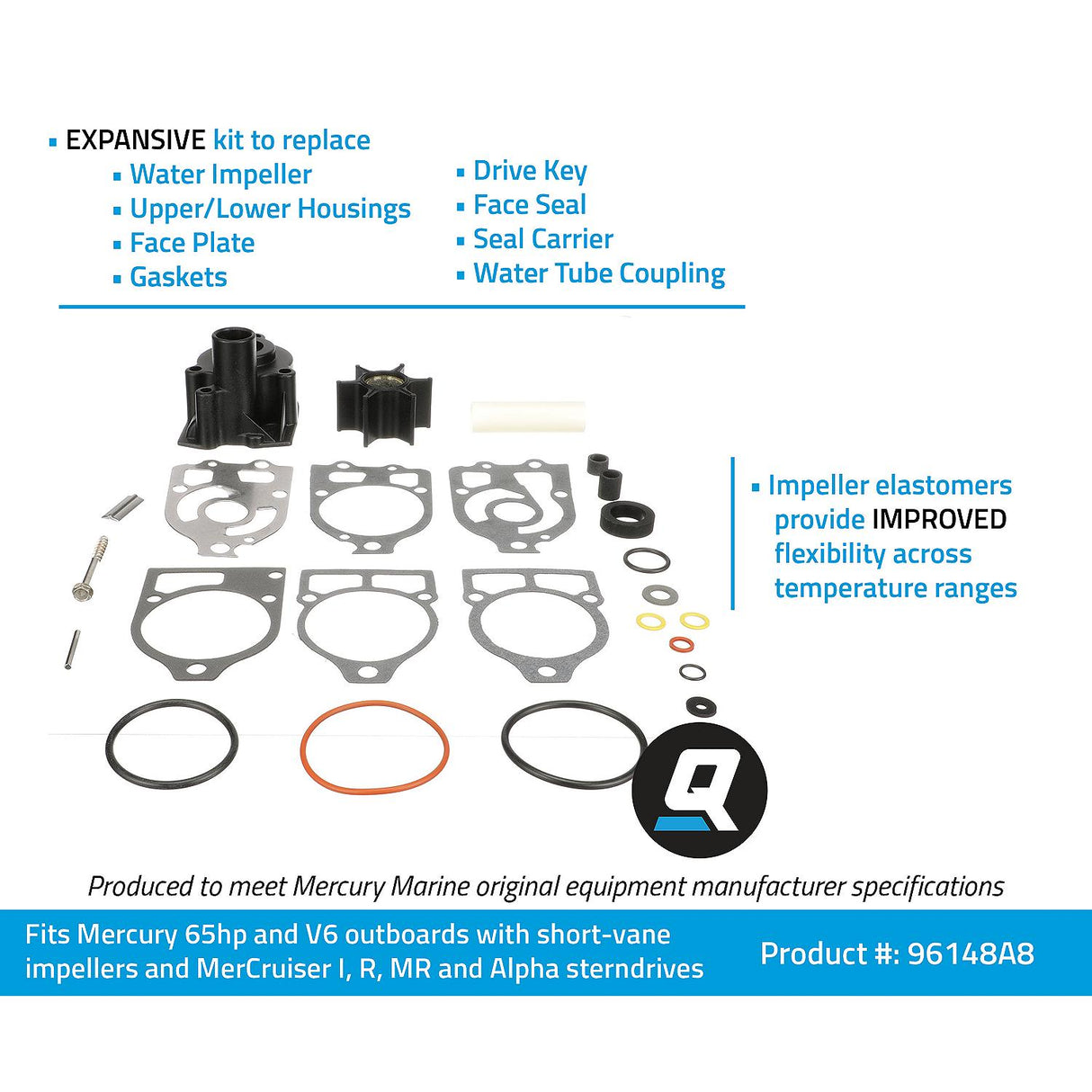 OEM Mercury / Quicksilver 96148A8 Water Pump Repair Kit for Outboard and Sterndrive, Mercury and Mariner 65hp (4-Cylinder) Through V6 Outboards w/ Short-Vane Impellers