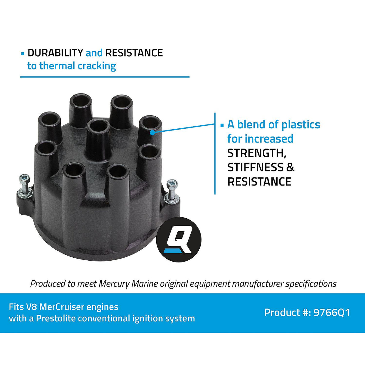 OEM Mercury / Quicksilver 9766Q1 Distributor Cap for V8 MerCruiser Engines by General Motors w/ Prestolite Conventional Ignition Systems