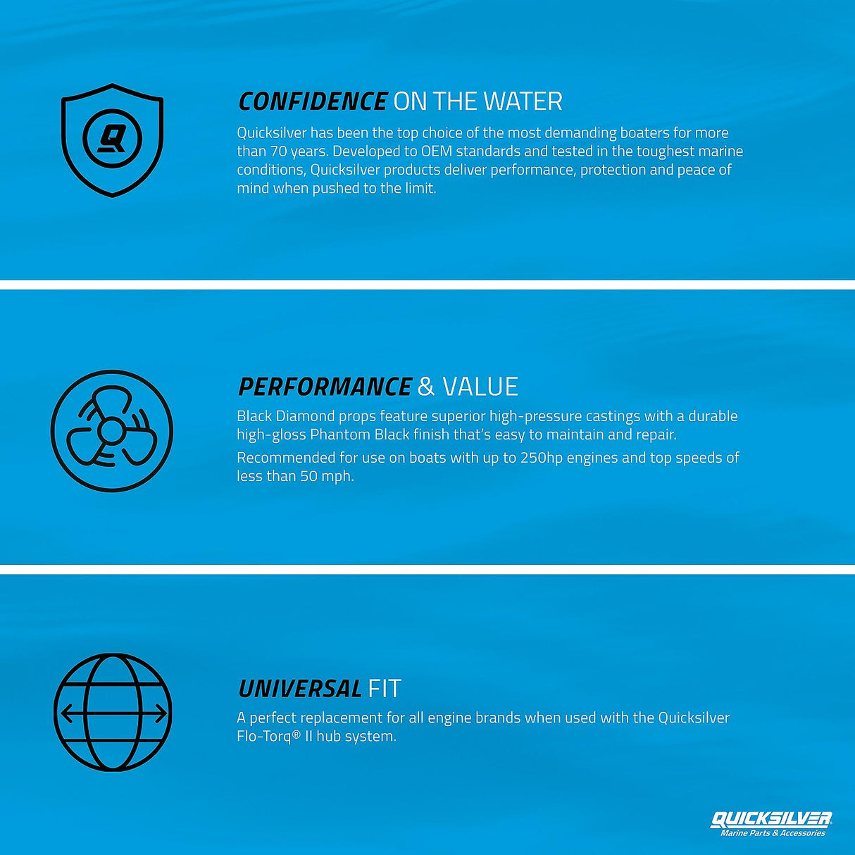 OEM Mercury / Quicksilver Black Diamond 3-Blade Aluminum Propeller, 15.3" Diameter x 15" Pitch, Right Hand Rotation