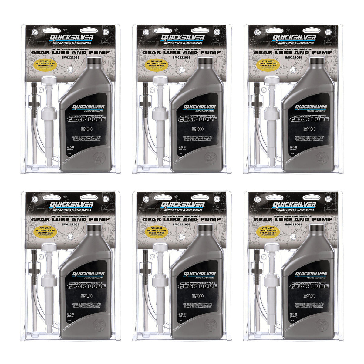 OEM Mercury / Quicksilver 8M0222069 SAE 90 High Performance Gear Lube and Pump Kit, 32 Fl. Oz. — pack of 6 supplier units