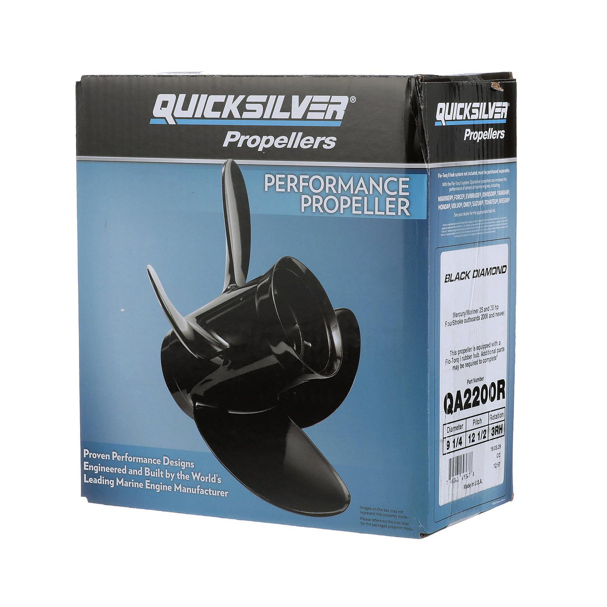 OEM Mercury / Quicksilver QA2200R Black Diamond 3-Blade Aluminum Propeller-9.25" Diameter x 12.5" Pitch, Right Hand Rotation, 25hp-30hp Mercury FourStroke (2006 & Newer), Black Finish
