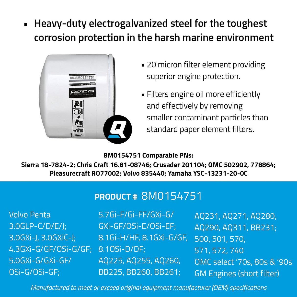 OEM Mercury / Quicksilver 8M0154751 Oil Filter for Various Marine Engines