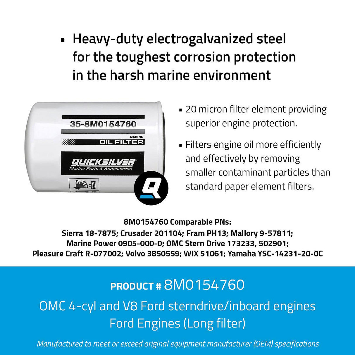 OEM Mercury / Quicksilver 8M0154760 Oil Filter for Various Marine Engines