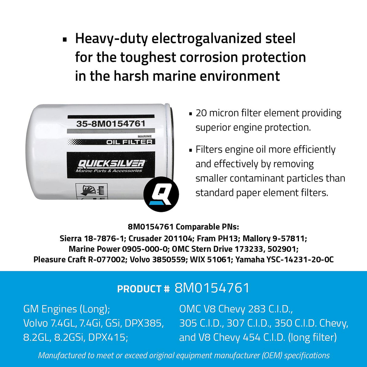 OEM Mercury / Quicksilver 8M0154761 Oil Filter for Various Marine Engines