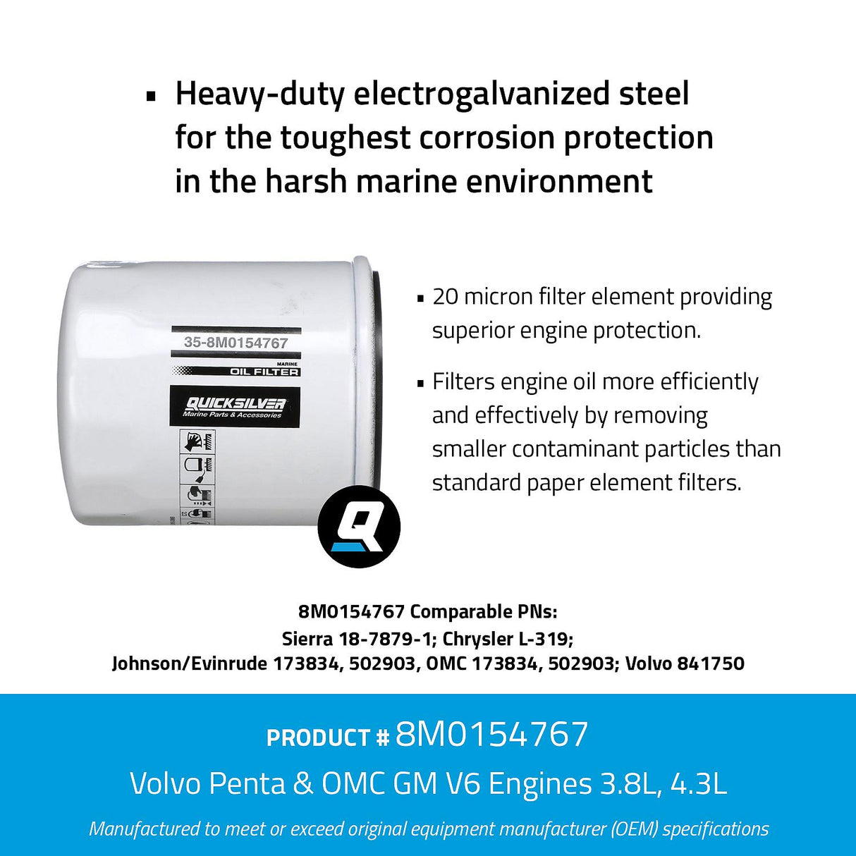 OEM Mercury / Quicksilver 8M0154767 Oil Filter for Various Marine Engines