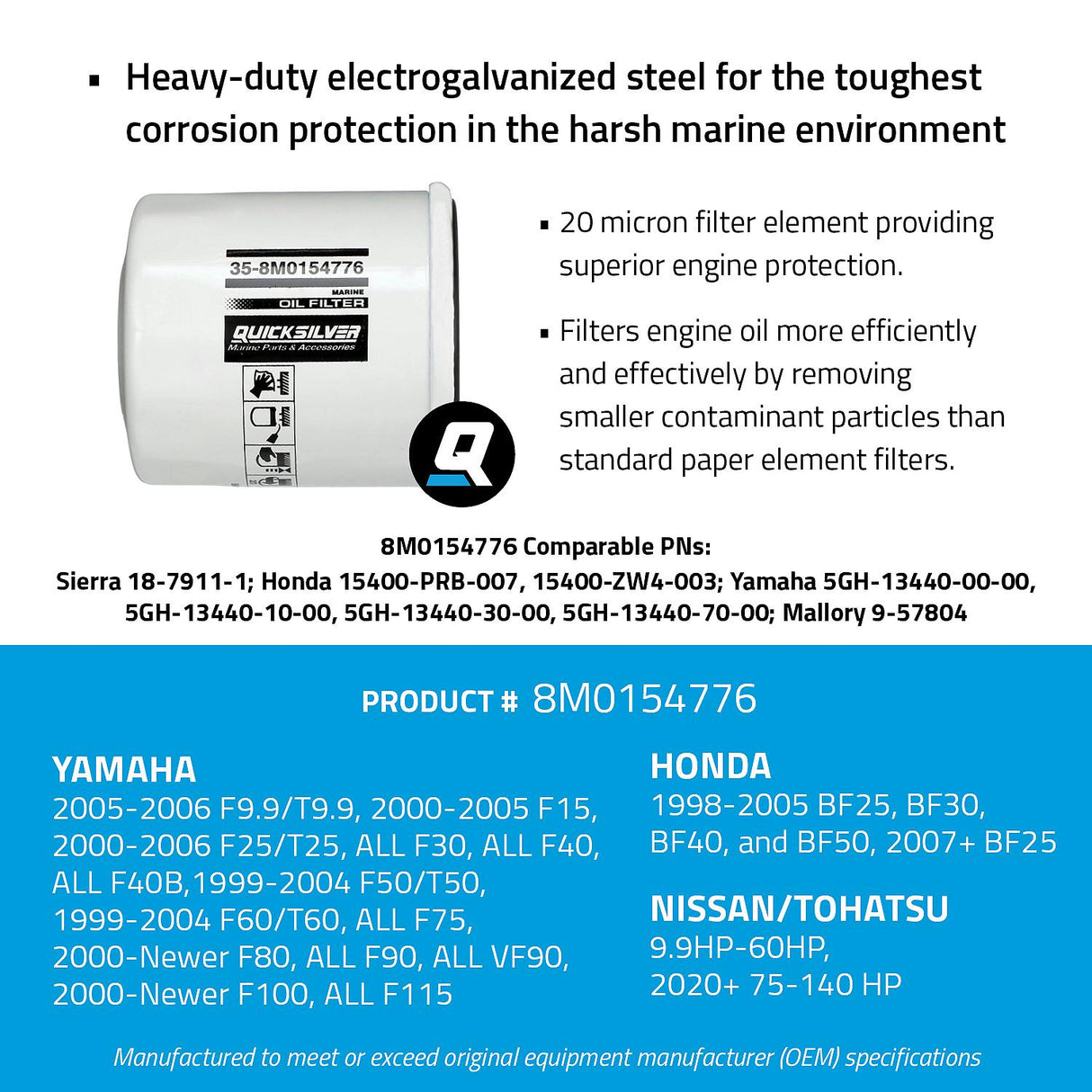 OEM Mercury / Quicksilver 8M0154776 Oil Filter for Select 2000-2018 Yamaha, Honda, and Nissan/Tohatsu 9.9-115hp Outboards