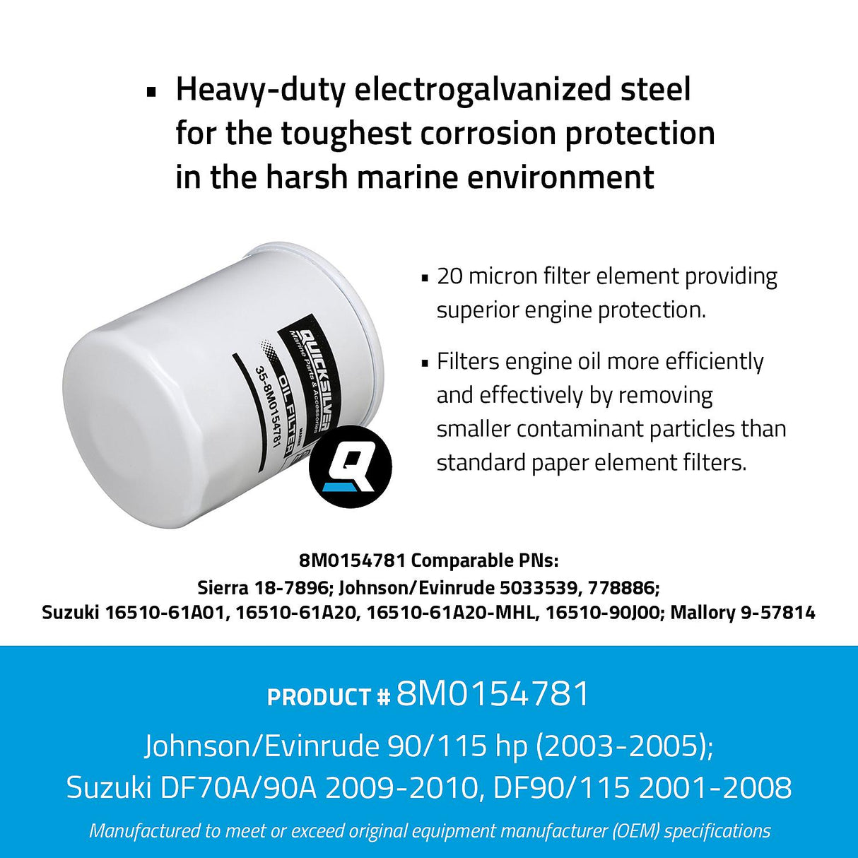 OEM Mercury / Quicksilver 8M0154781 Oil Filter for Select Johnson/Evinrude 90/115hp and Select Suzuki 70-115hp