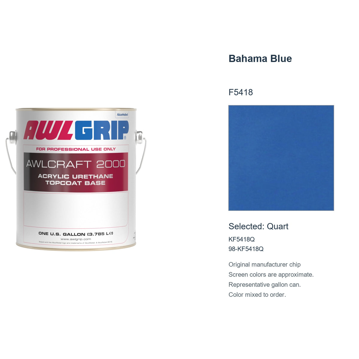 Awlgrip Awlcraft 2000 Bahama Blue F5418, selected Quart, KF5418Q: original manufacturer chip with representative gallon can
