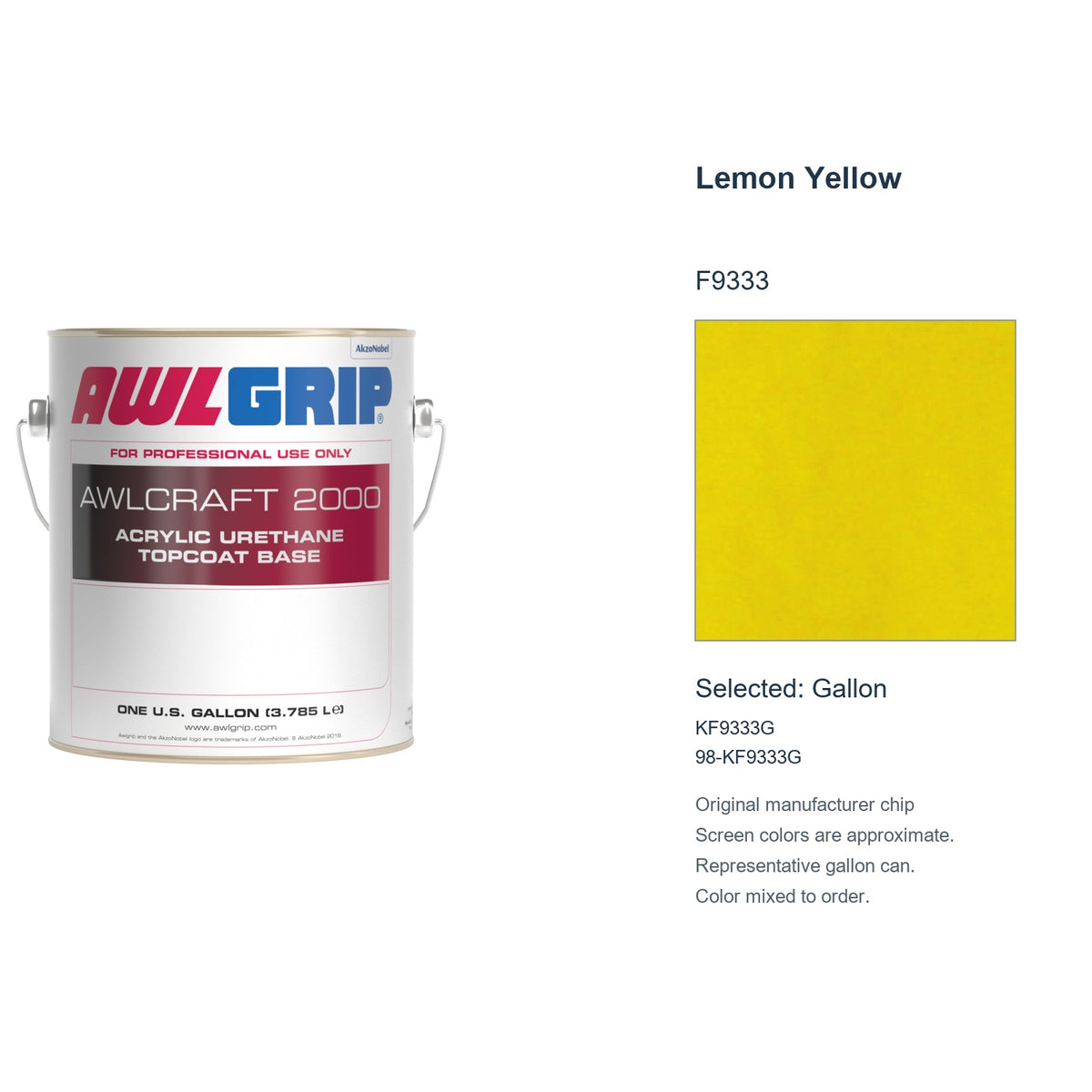 Awlgrip Awlcraft 2000 Lemon Yellow F9333, selected Gallon, KF9333G: original manufacturer chip with representative gallon can