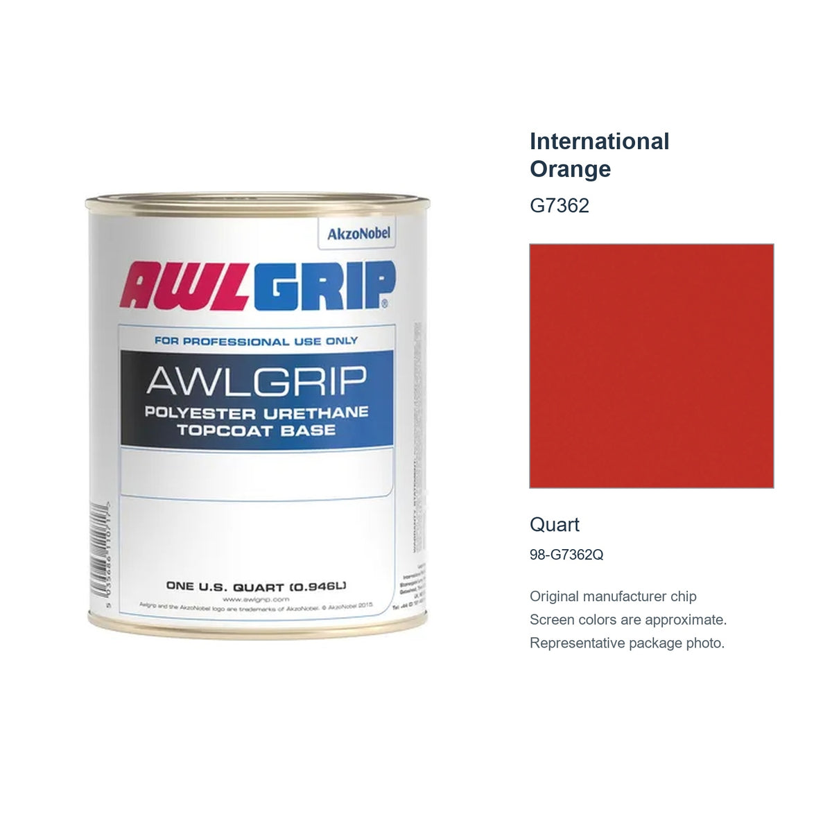 Awlgrip International Orange G7362, Quart, 98-G7362Q: representative original can with exact manufacturer color card sample