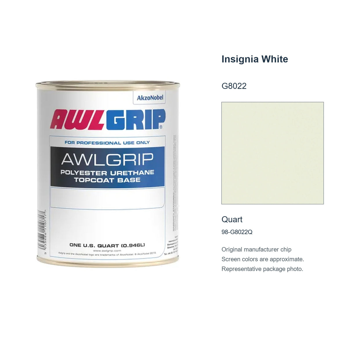 Awlgrip Insignia White G8022, Quart, 98-G8022Q: representative original can with exact manufacturer color card sample