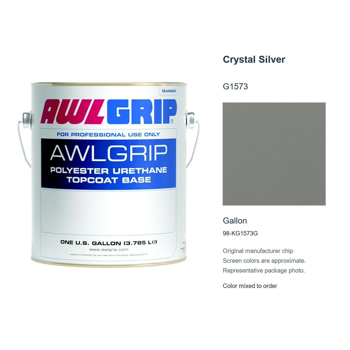 Awlgrip Crystal Silver G1573, Gallon, 98-KG1573G: representative original can with exact manufacturer color card sample