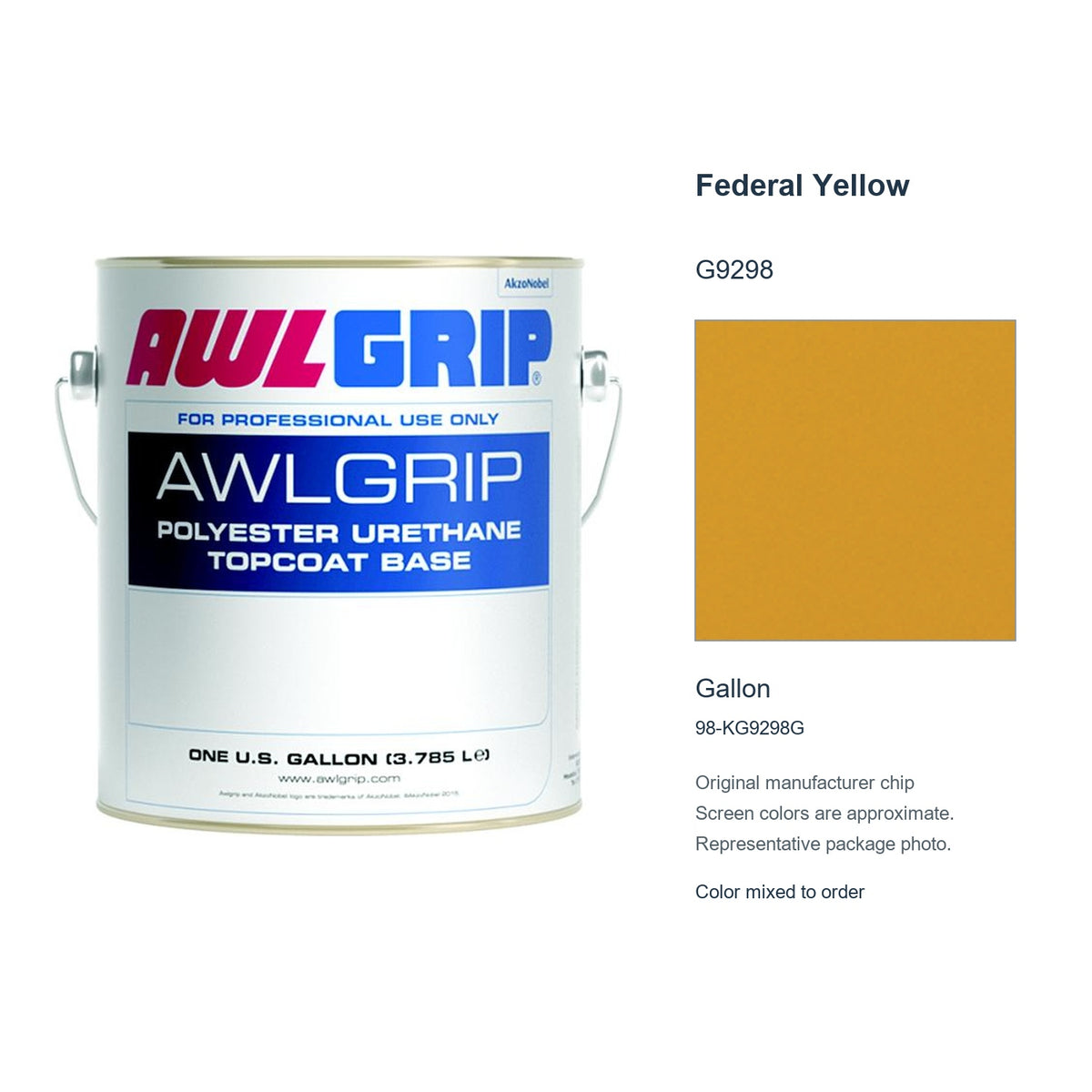 Awlgrip Federal Yellow G9298, Gallon, 98-KG9298G: representative original can with exact manufacturer color card sample