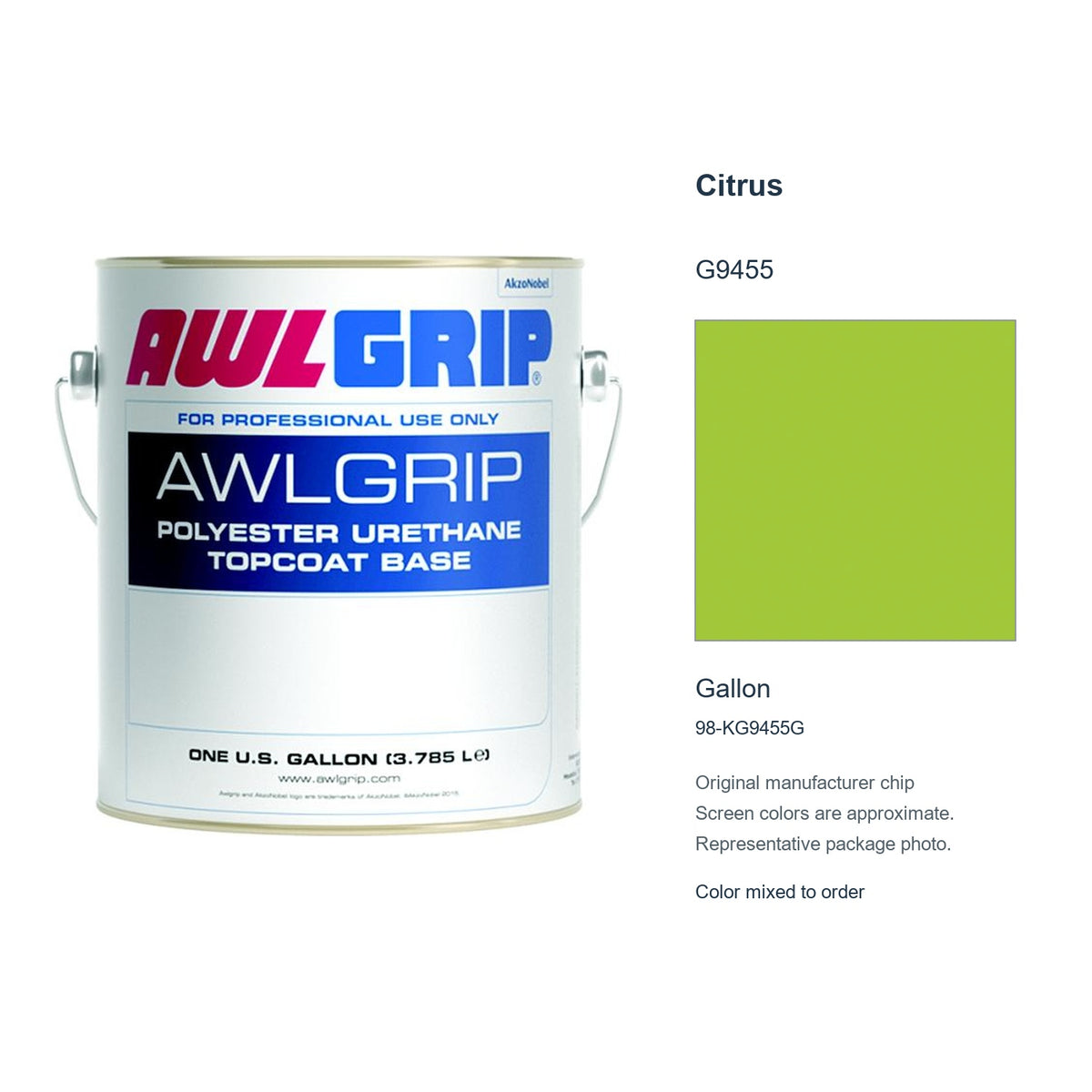 Awlgrip Citrus G9455, Gallon, 98-KG9455G: representative original can with exact manufacturer color card sample
