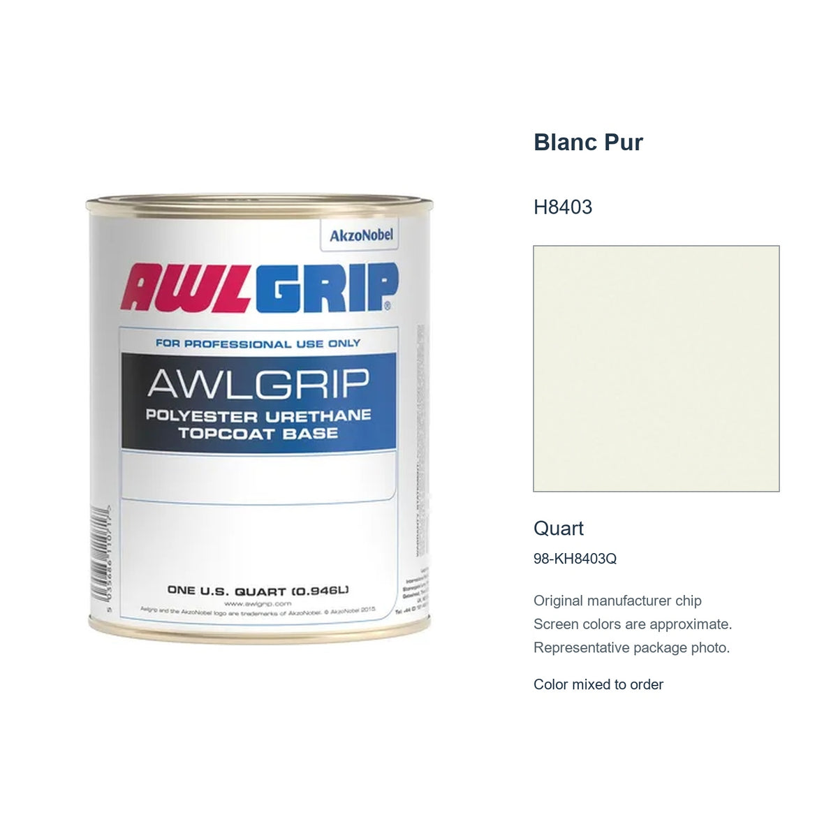 Awlgrip Blanc Pur H8403, Quart, 98-KH8403Q: representative original can with exact manufacturer color card sample