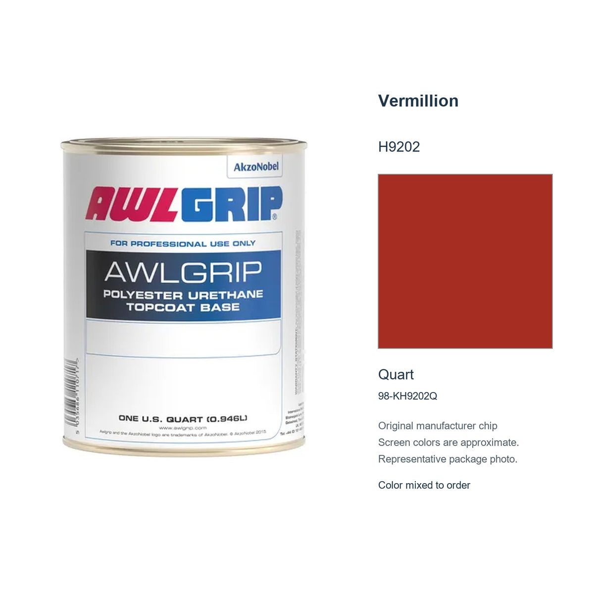 Awlgrip Vermillion H9202, Quart, 98-KH9202Q: representative original can with exact manufacturer color card sample