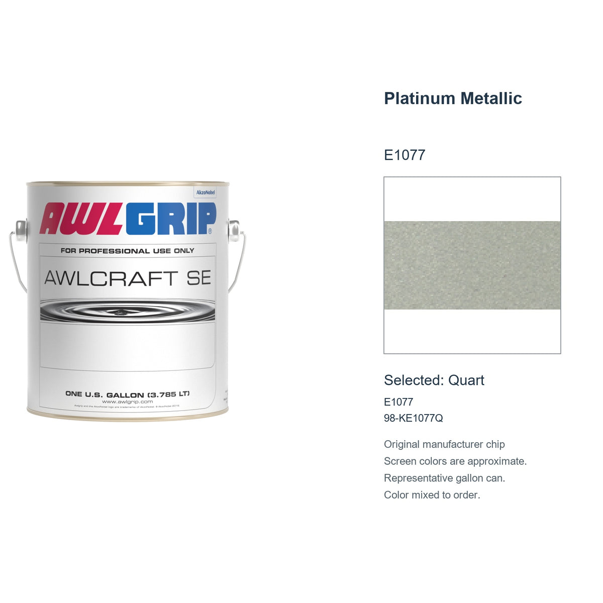 Awlgrip Awlcraft SE Platinum Metallic E1077, selected Quart, E1077: original manufacturer chip with representative gallon can