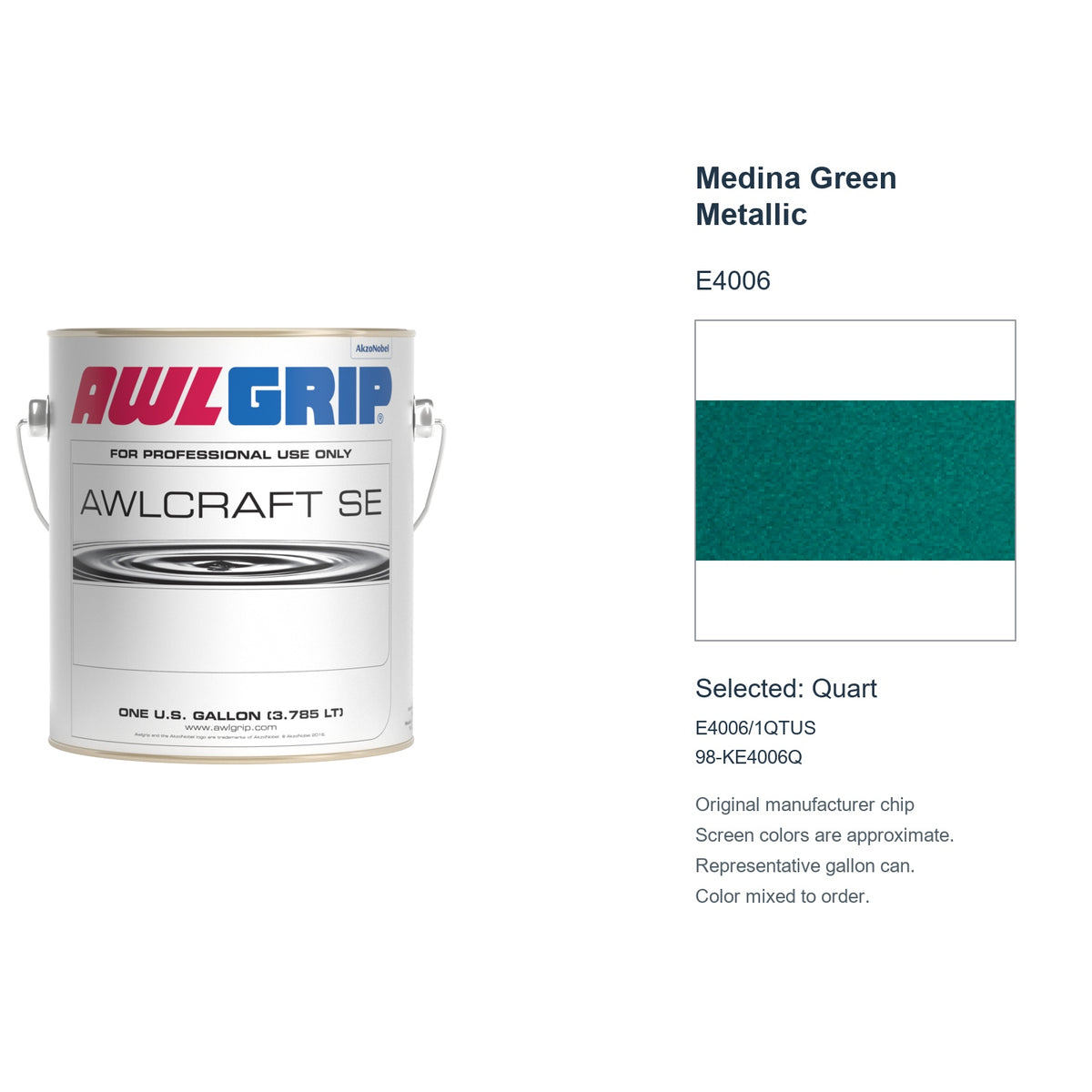 Awlgrip Awlcraft SE Medina Green Metallic E4006, selected Quart, E4006/1QTUS: original manufacturer chip with representative gallon can