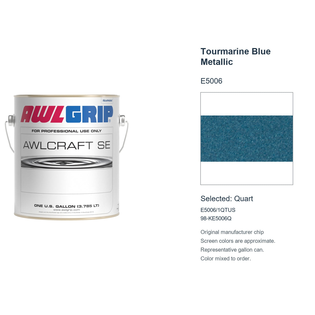 Awlgrip Awlcraft SE Tourmarine Blue Metallic E5006, selected Quart, E5006/1QTUS: original manufacturer chip with representative gallon can