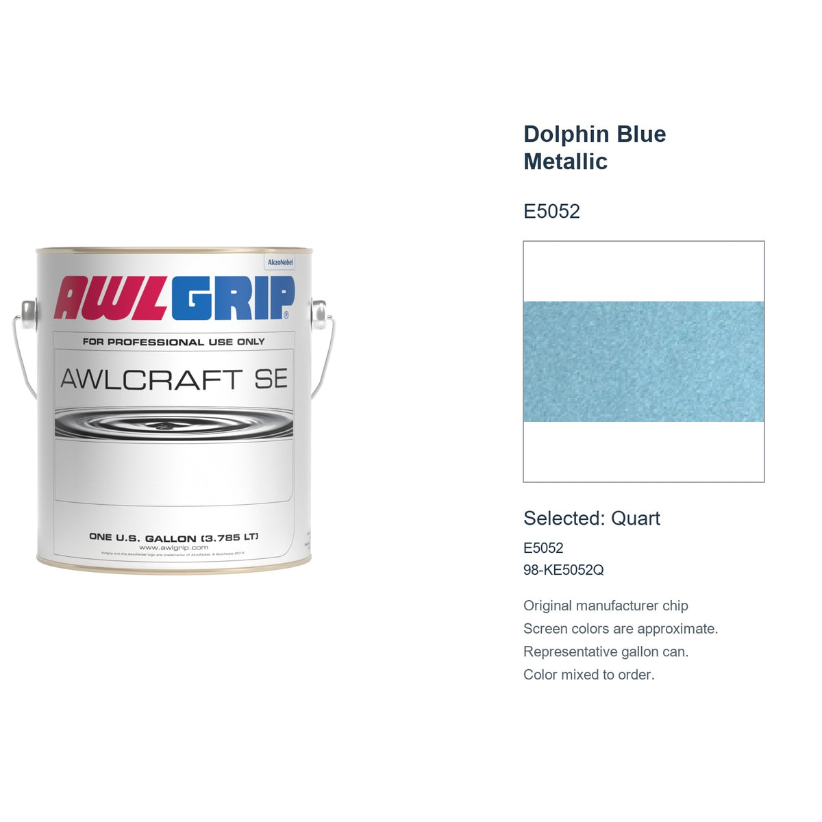 Awlgrip Awlcraft SE Dolphin Blue Metallic E5052, selected Quart, E5052: original manufacturer chip with representative gallon can