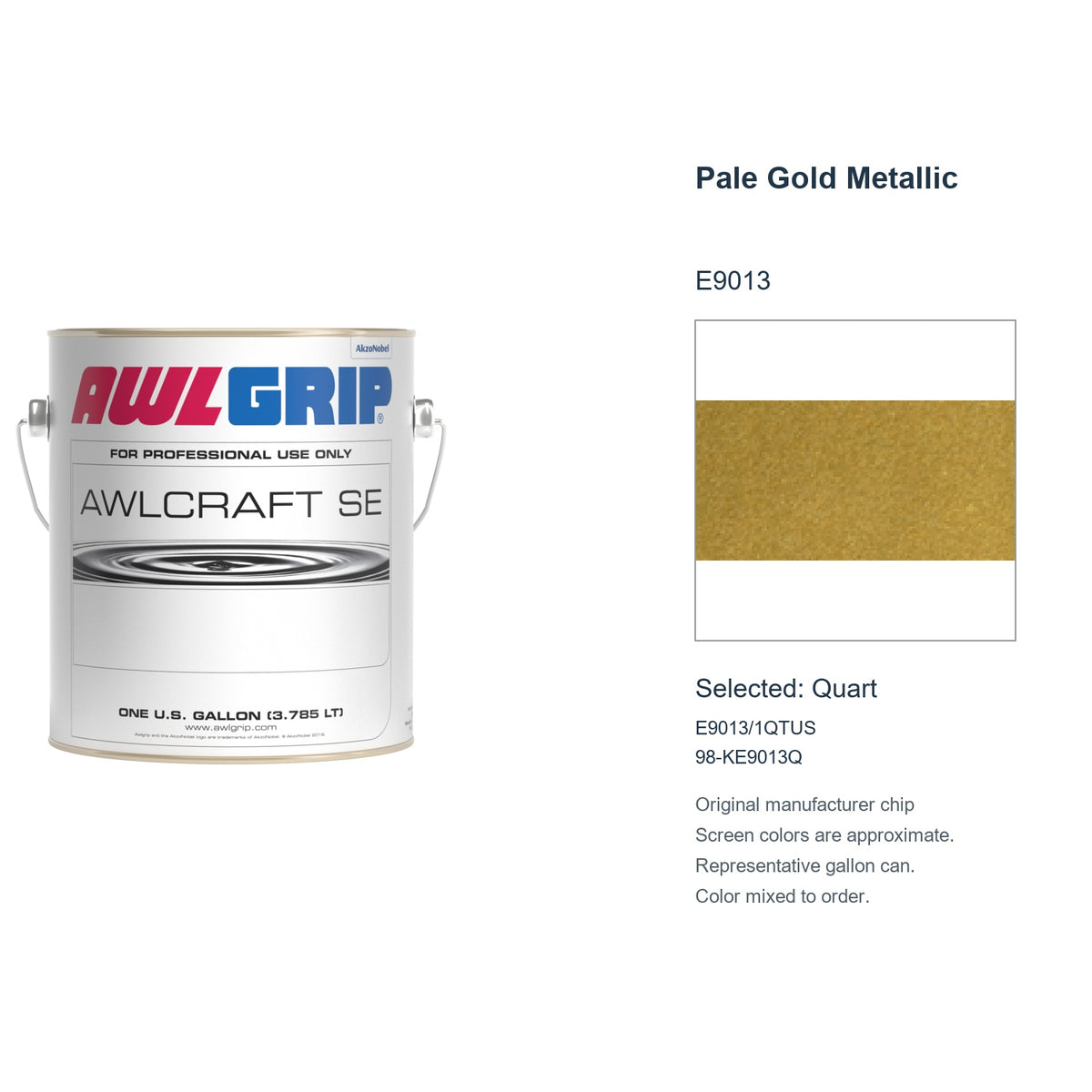 Awlgrip Awlcraft SE Pale Gold Metallic E9013, selected Quart, E9013/1QTUS: original manufacturer chip with representative gallon can