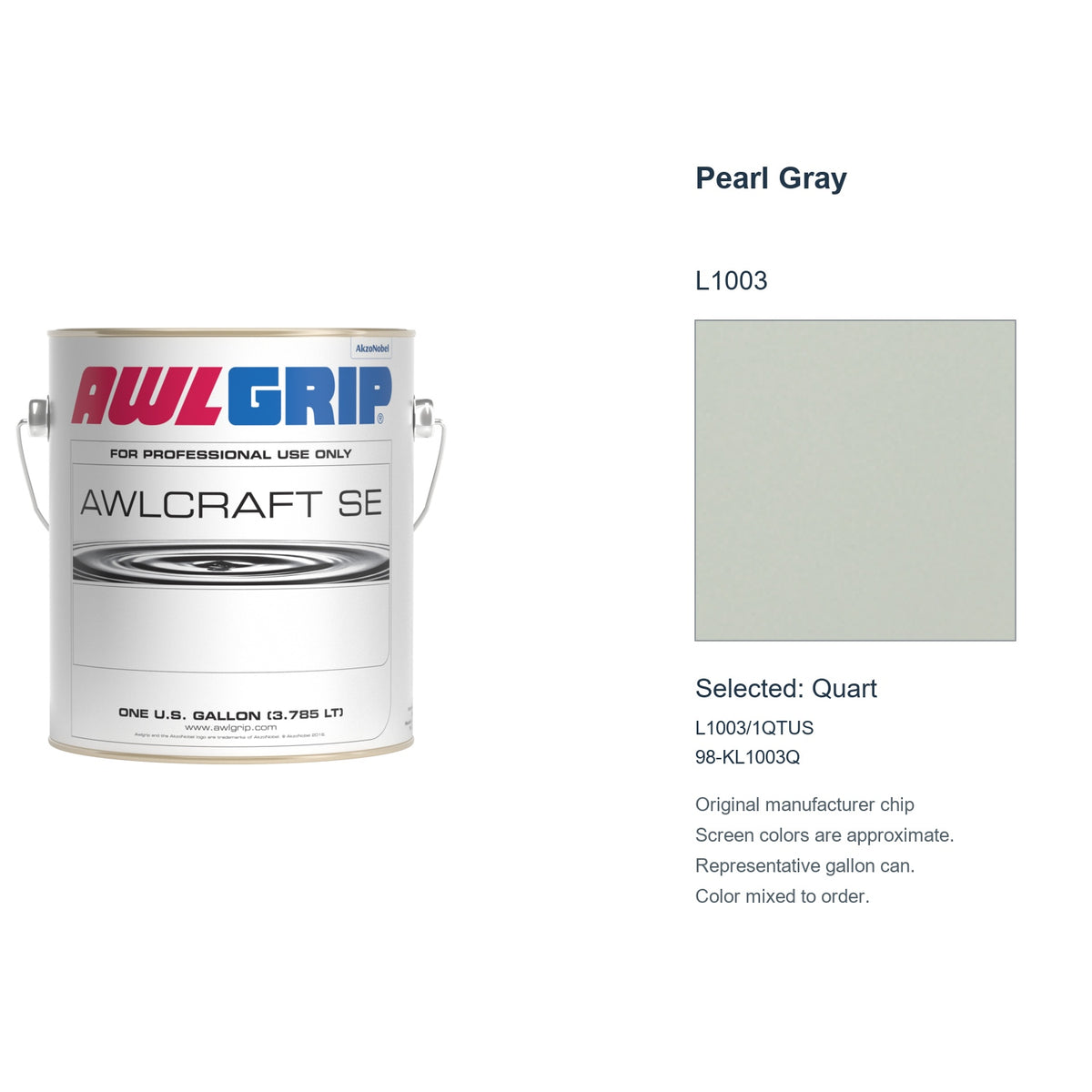 Awlgrip Awlcraft SE Pearl Gray L1003, selected Quart, L1003/1QTUS: original manufacturer chip with representative gallon can