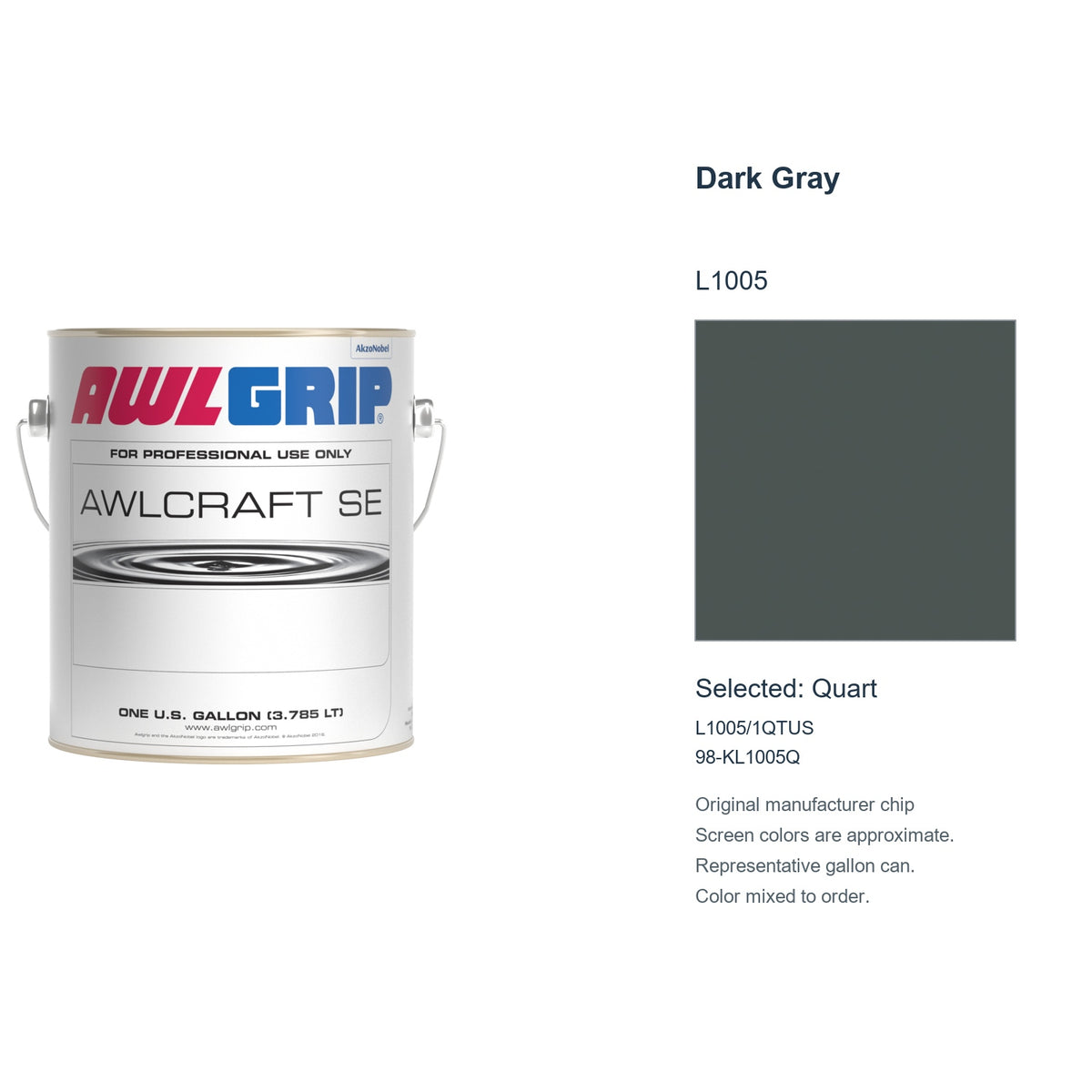 Awlgrip Awlcraft SE Dark Gray L1005, selected Quart, L1005/1QTUS: original manufacturer chip with representative gallon can
