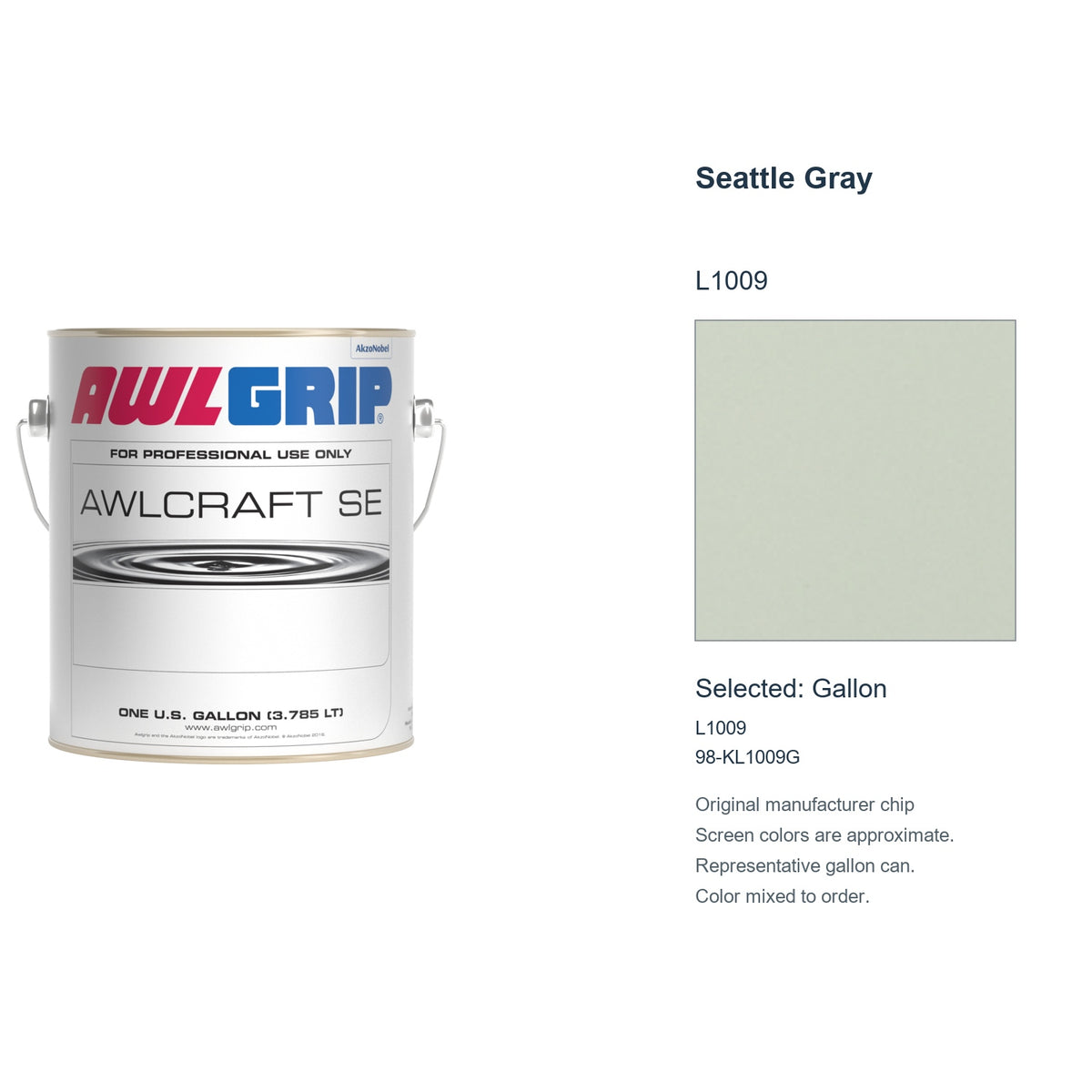 Awlgrip Awlcraft SE Seattle Gray L1009, selected Gallon, L1009: original manufacturer chip with representative gallon can