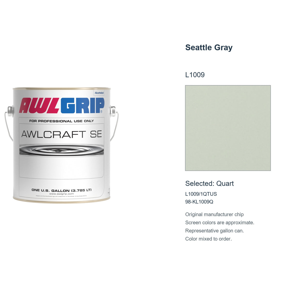 Awlgrip Awlcraft SE Seattle Gray L1009, selected Quart, L1009/1QTUS: original manufacturer chip with representative gallon can