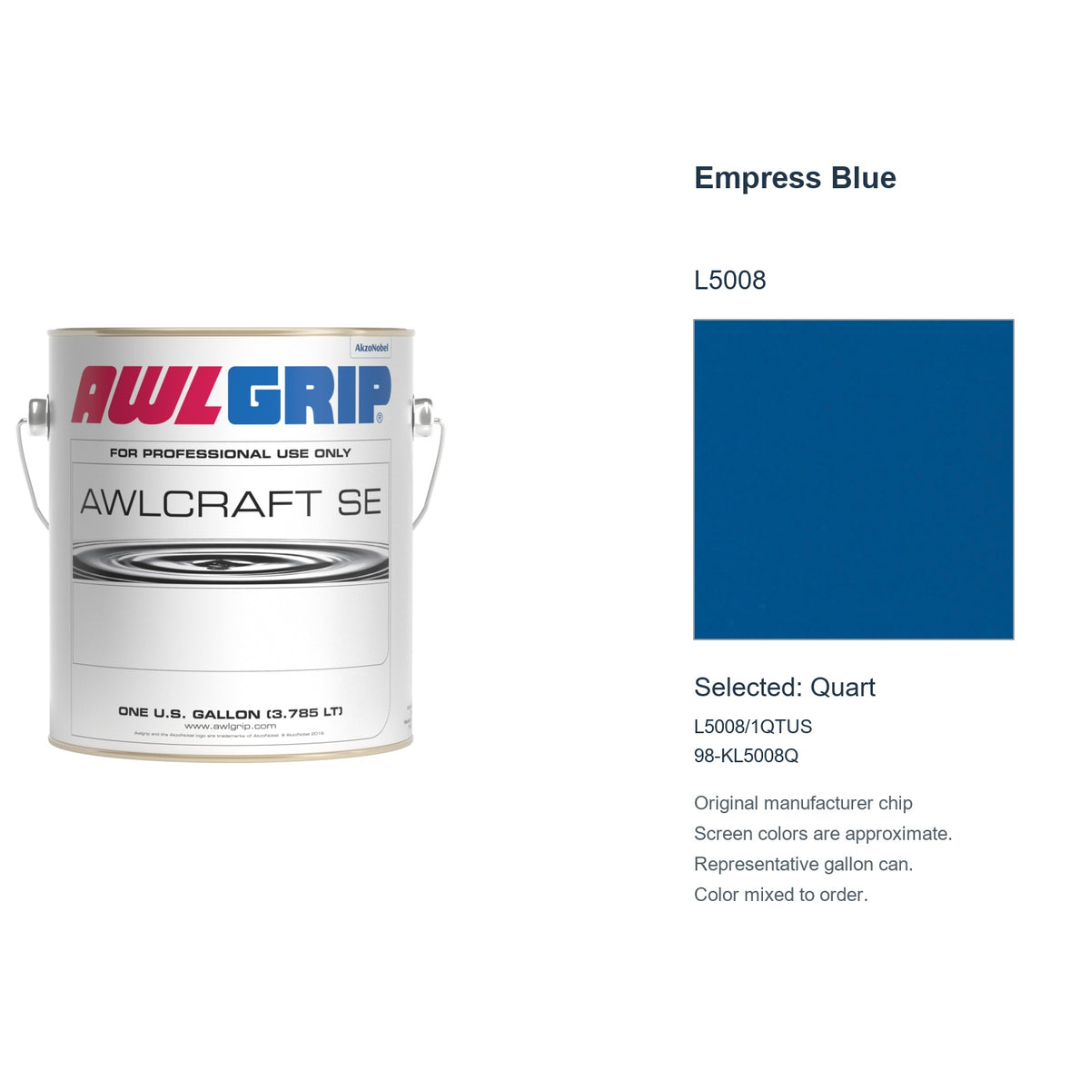 Awlgrip Awlcraft SE Empress Blue L5008, selected Quart, L5008/1QTUS: original manufacturer chip with representative gallon can