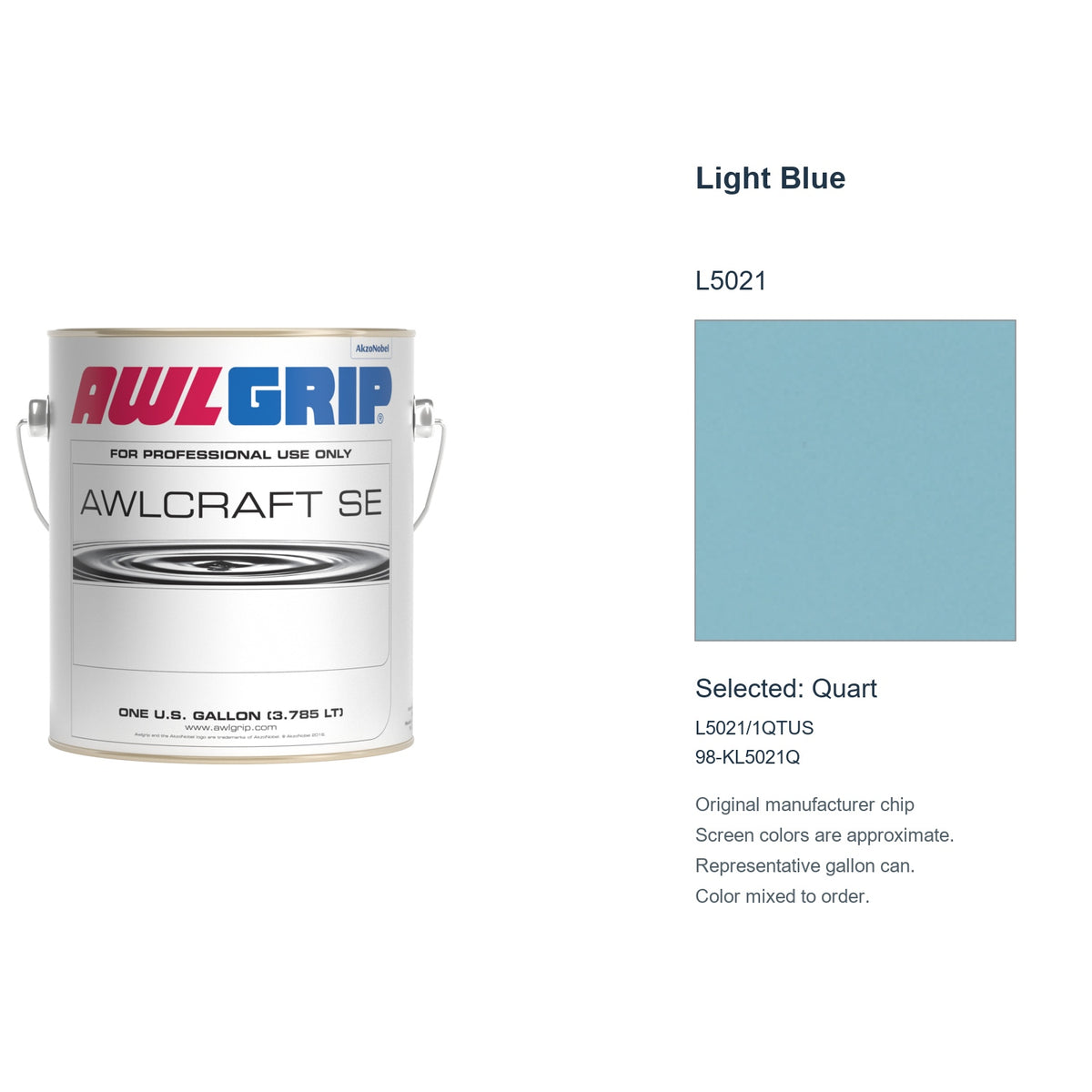 Awlgrip Awlcraft SE Light Blue L5021, selected Quart, L5021/1QTUS: original manufacturer chip with representative gallon can