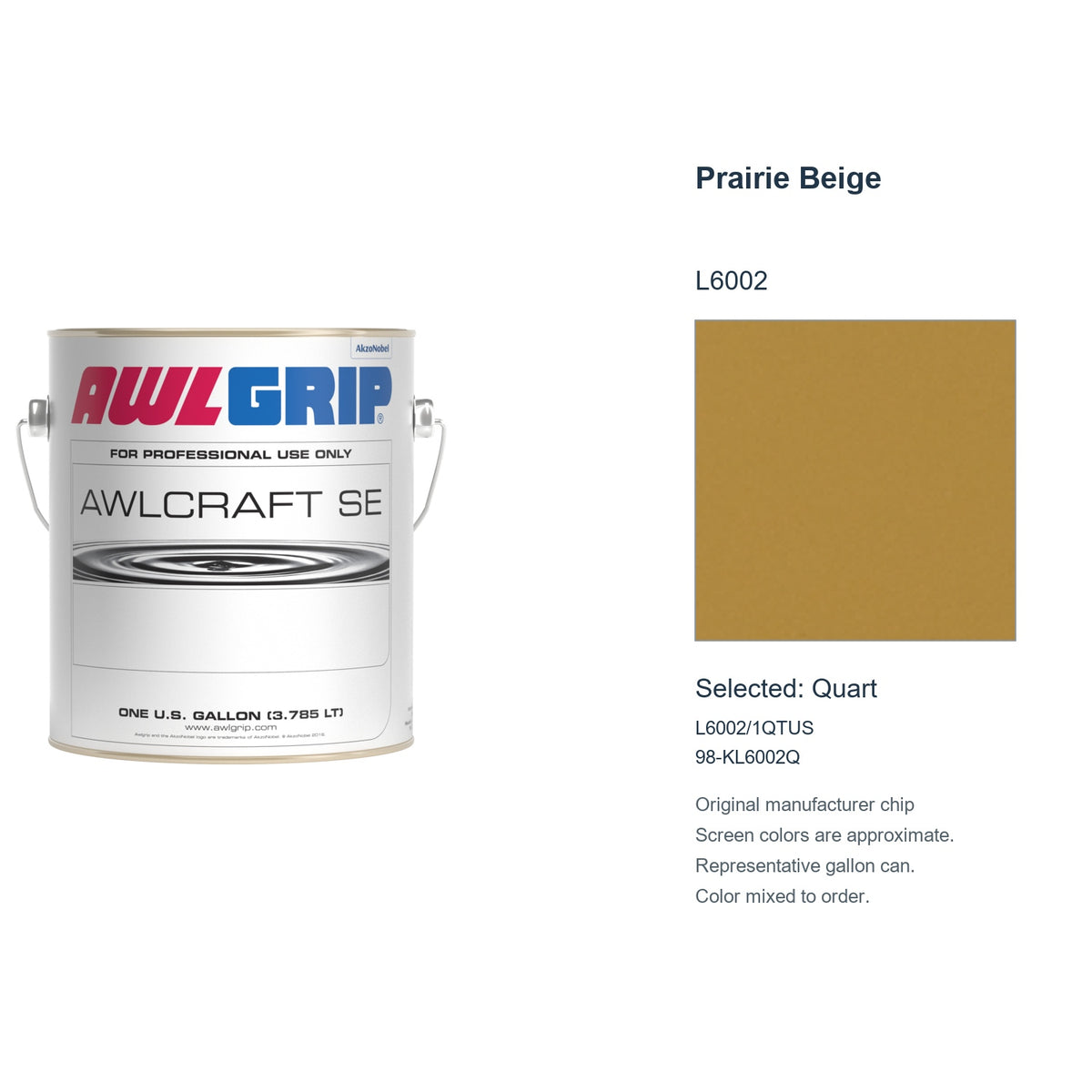 Awlgrip Awlcraft SE Prairie Beige L6002, selected Quart, L6002/1QTUS: original manufacturer chip with representative gallon can