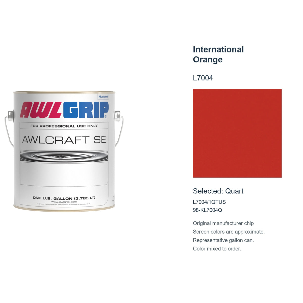 Awlgrip Awlcraft SE International Orange L7004, selected Quart, L7004/1QTUS: original manufacturer chip with representative gallon can