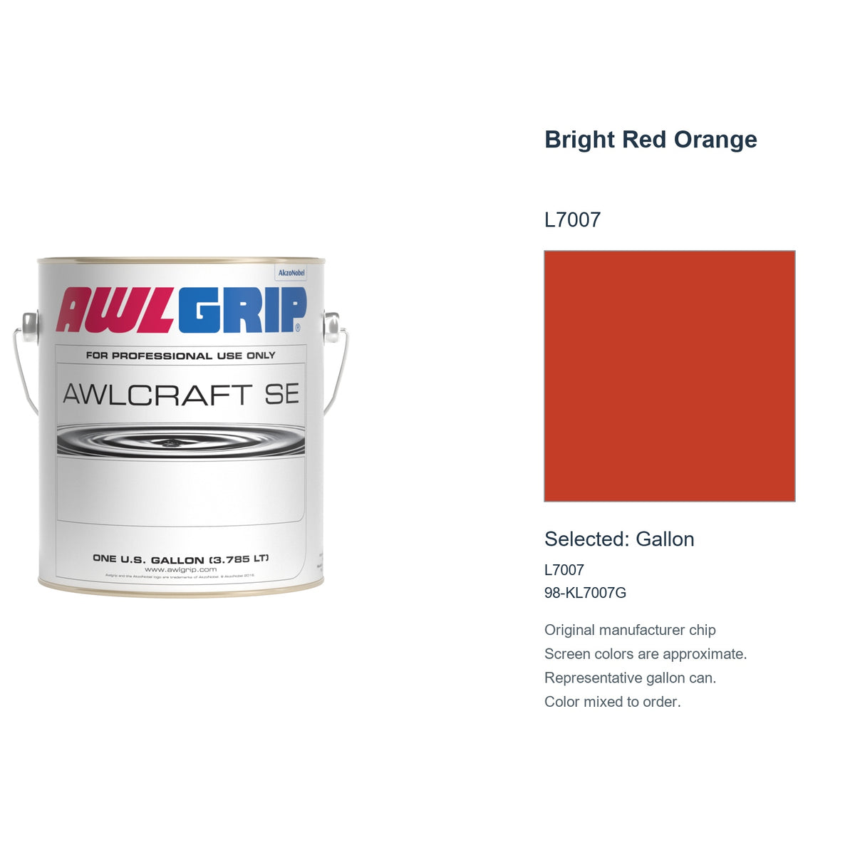 Awlgrip Awlcraft SE Bright Red Orange L7007, selected Gallon, L7007: original manufacturer chip with representative gallon can