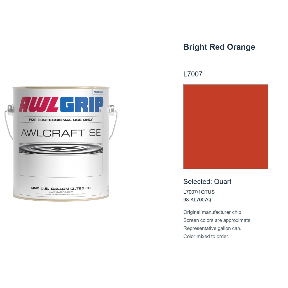 Awlgrip Awlcraft SE Bright Red Orange L7007, selected Quart, L7007/1QTUS: original manufacturer chip with representative gallon can
