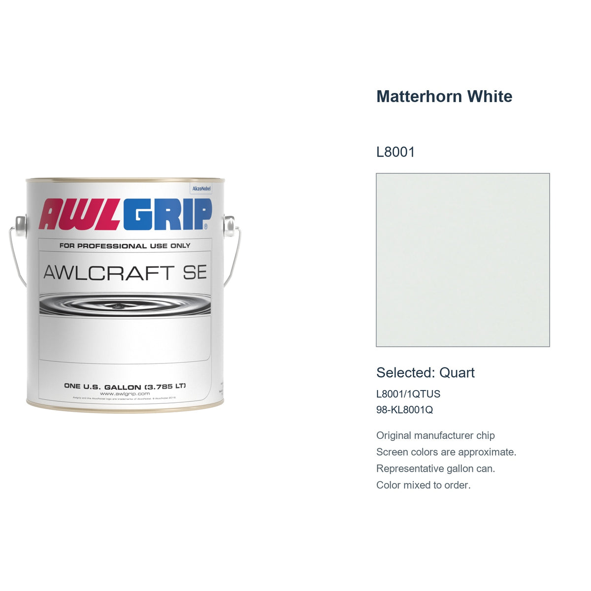 Awlgrip Awlcraft SE Matterhorn White L8001, selected Quart, L8001/1QTUS: original manufacturer chip with representative gallon can