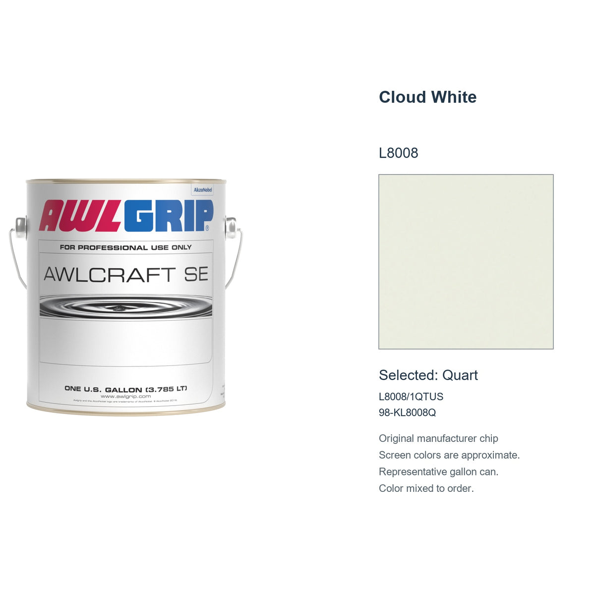 Awlgrip Awlcraft SE Cloud White L8008, selected Quart, L8008/1QTUS: original manufacturer chip with representative gallon can